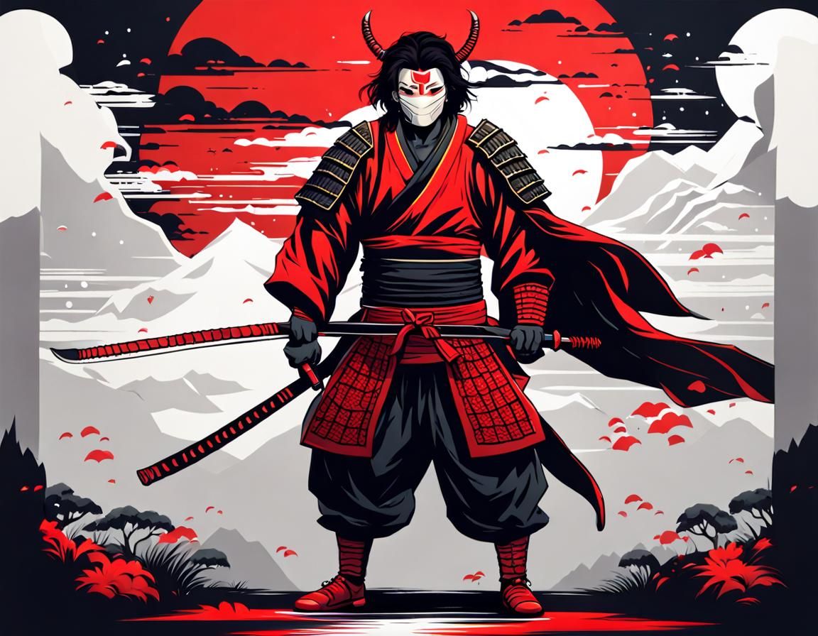 European Samurai with Oni Mask and Katana