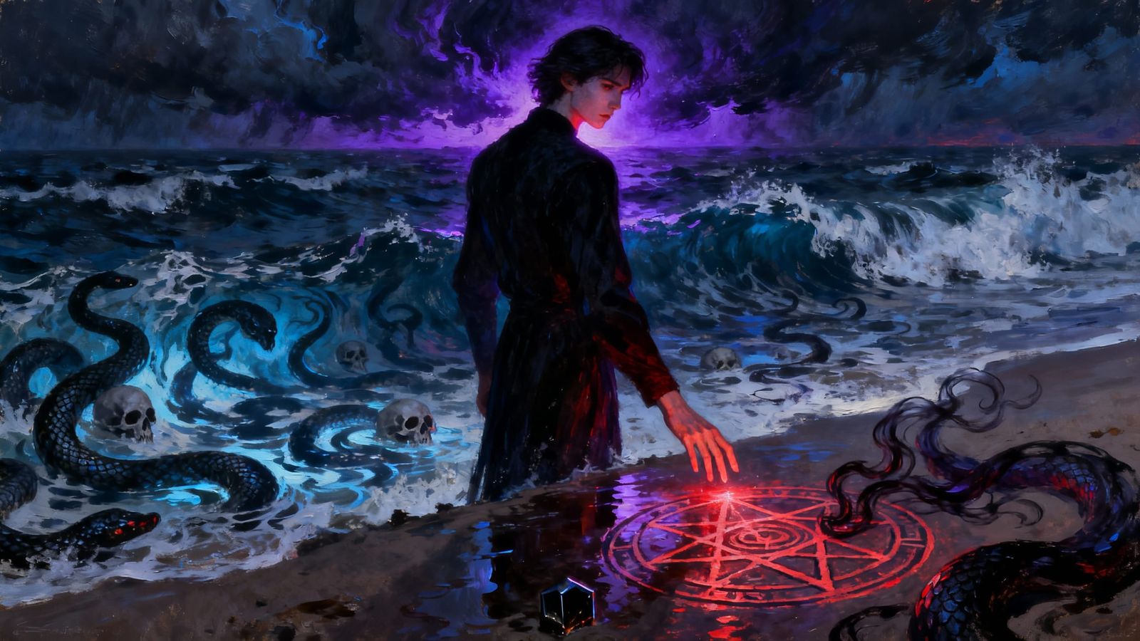 Character Embracing Dark Side in Turbulent Ocean Oil Paintin...