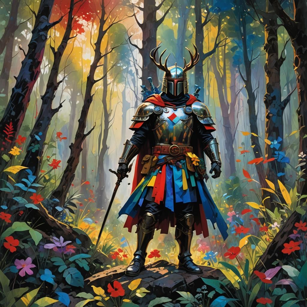 Heroic Warrior in Mystical Forest, Graphic Novel Style