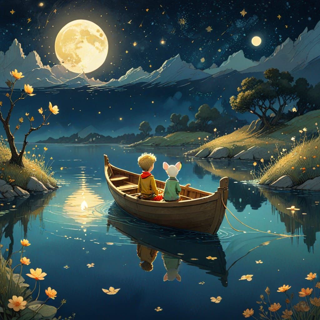 Little Prince and Mouse in Moonlit Watercolor Boat