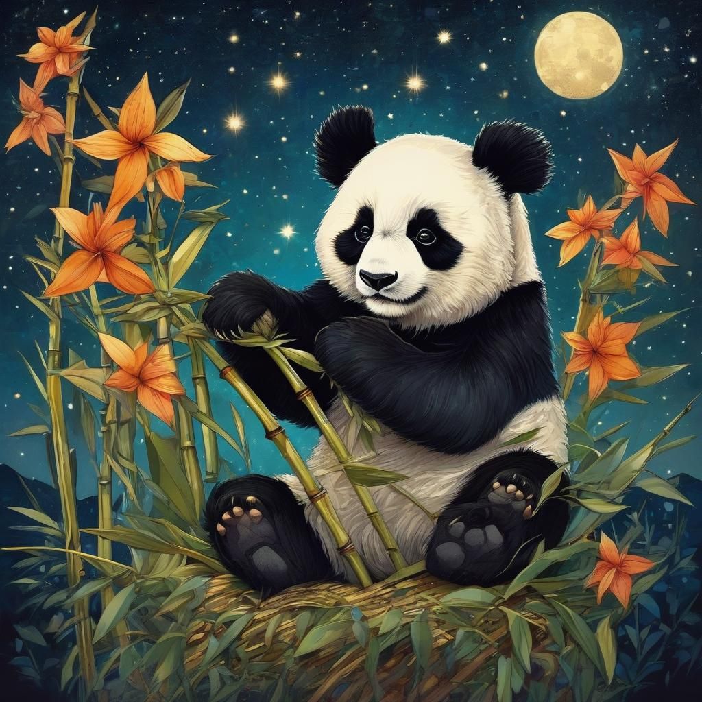 Chibi Panda Under Starry Sky: Fantasy Illustration