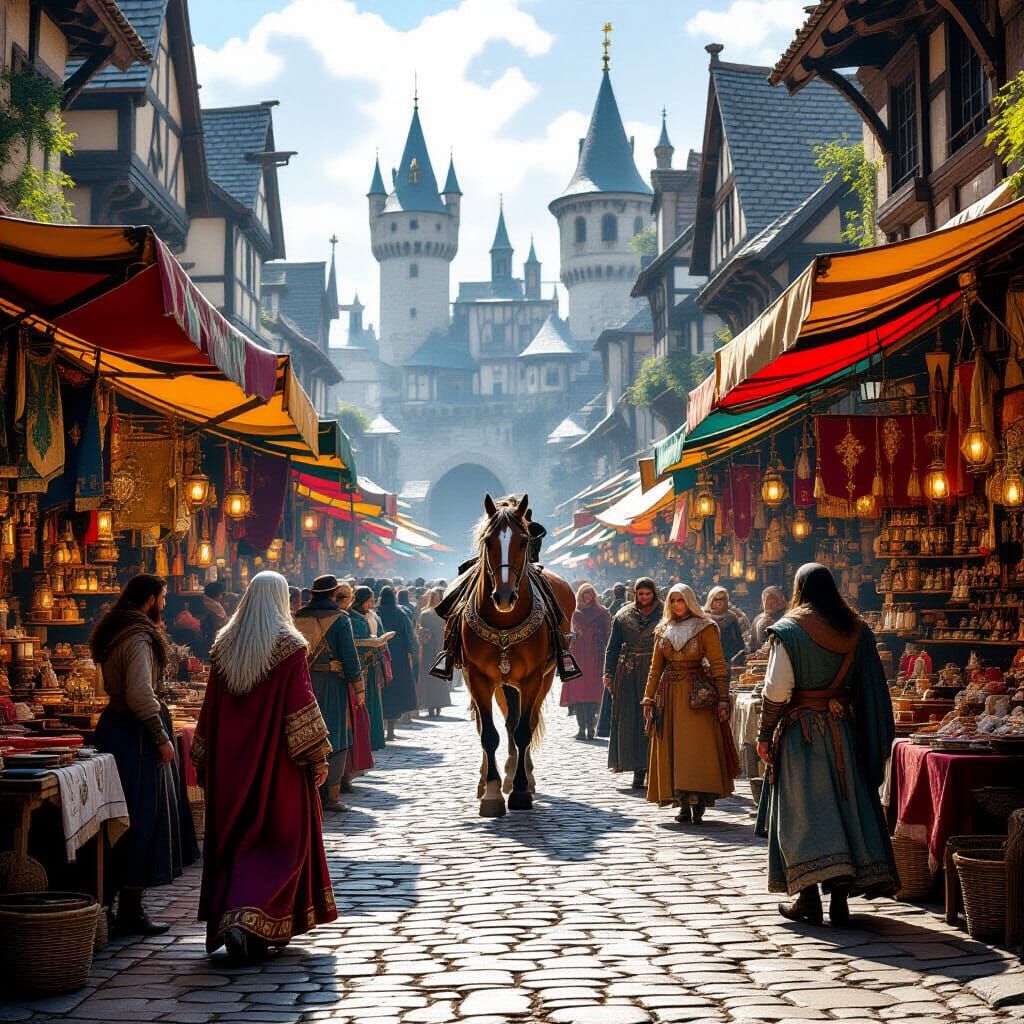 Medieval Market Square with Horse in Cinematic Style