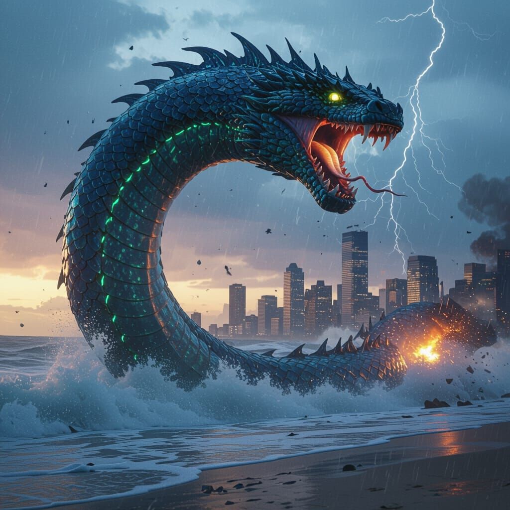 Colossal Sea Serpent Attacks City in Stormy Dusk