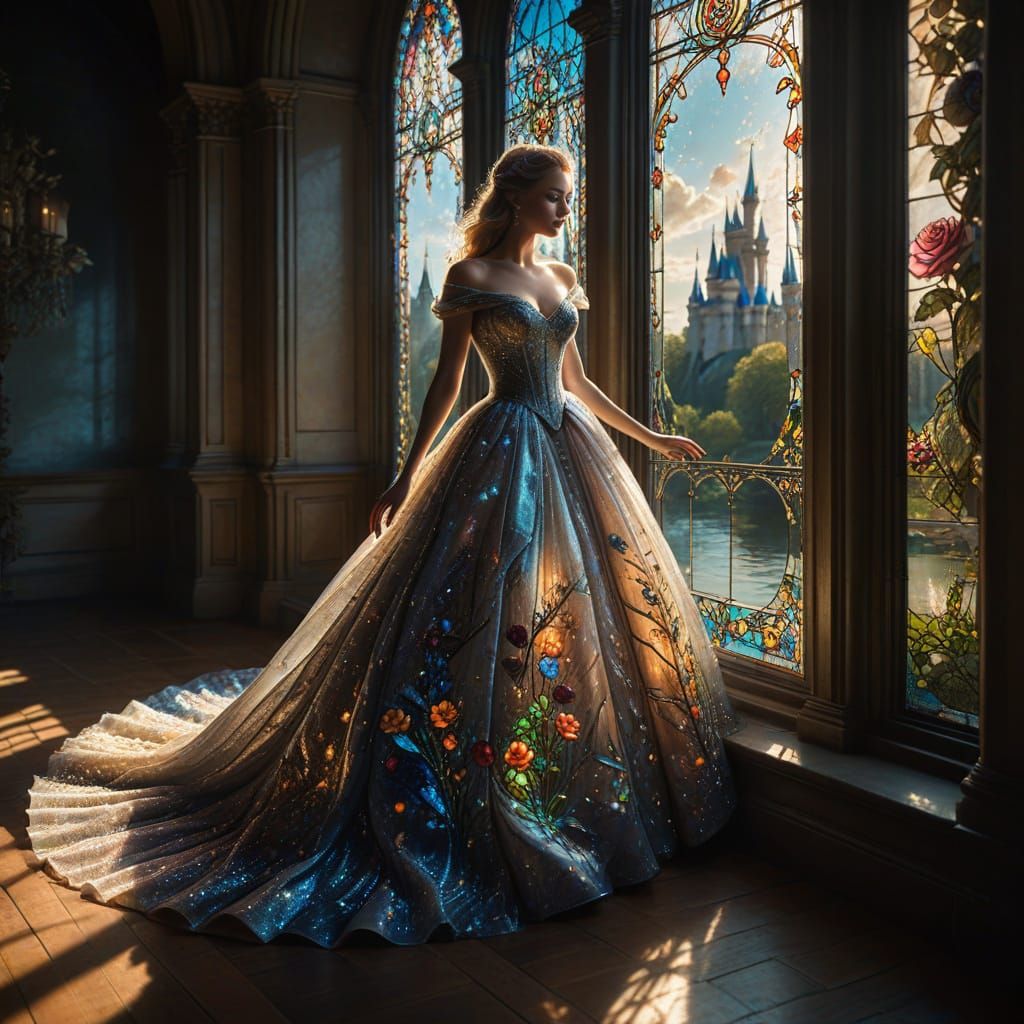 Ethereal Ballgown on Castle Balcony - Stained Glass Fantasy