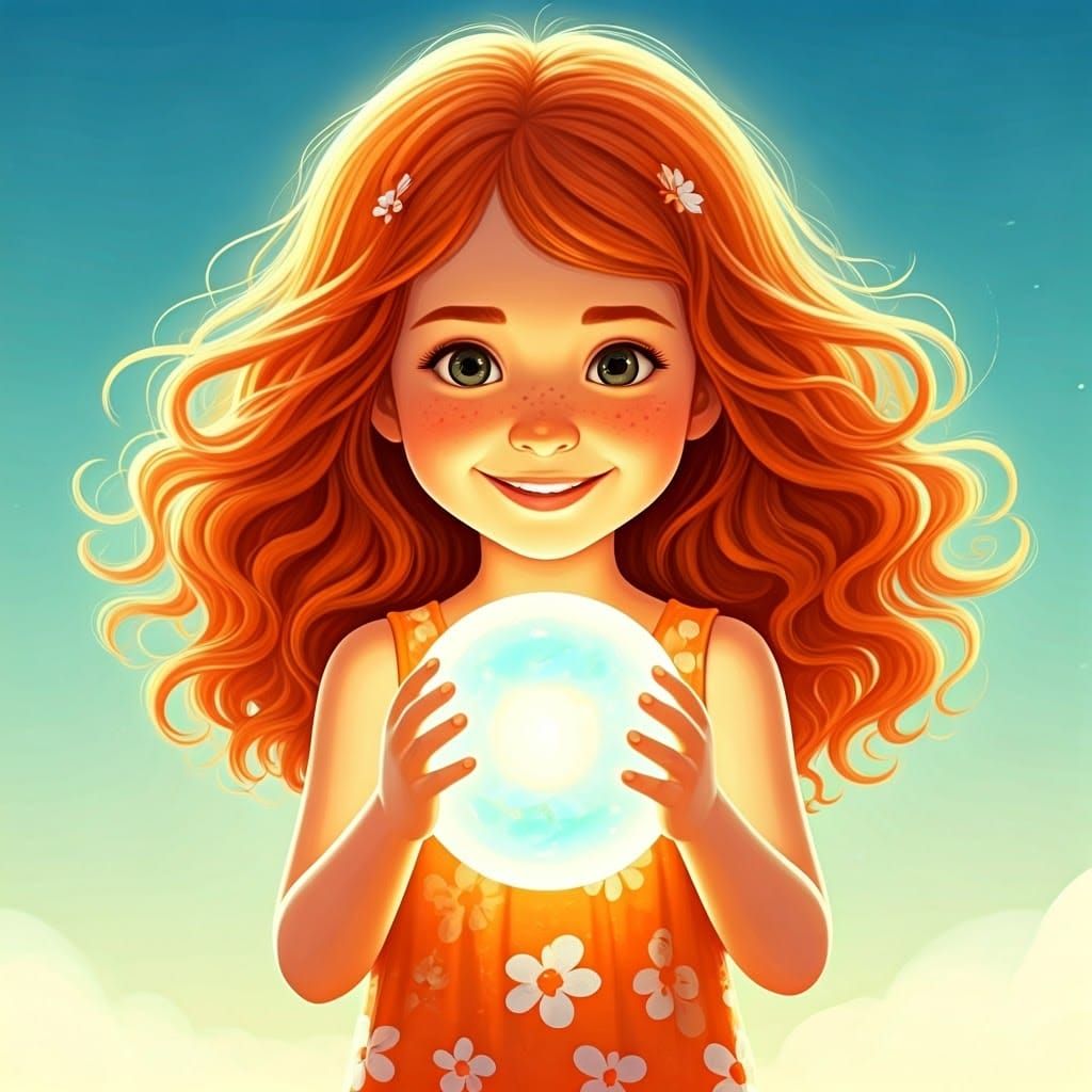 Girl with Iridescent Ball in Whimsical Digital Art