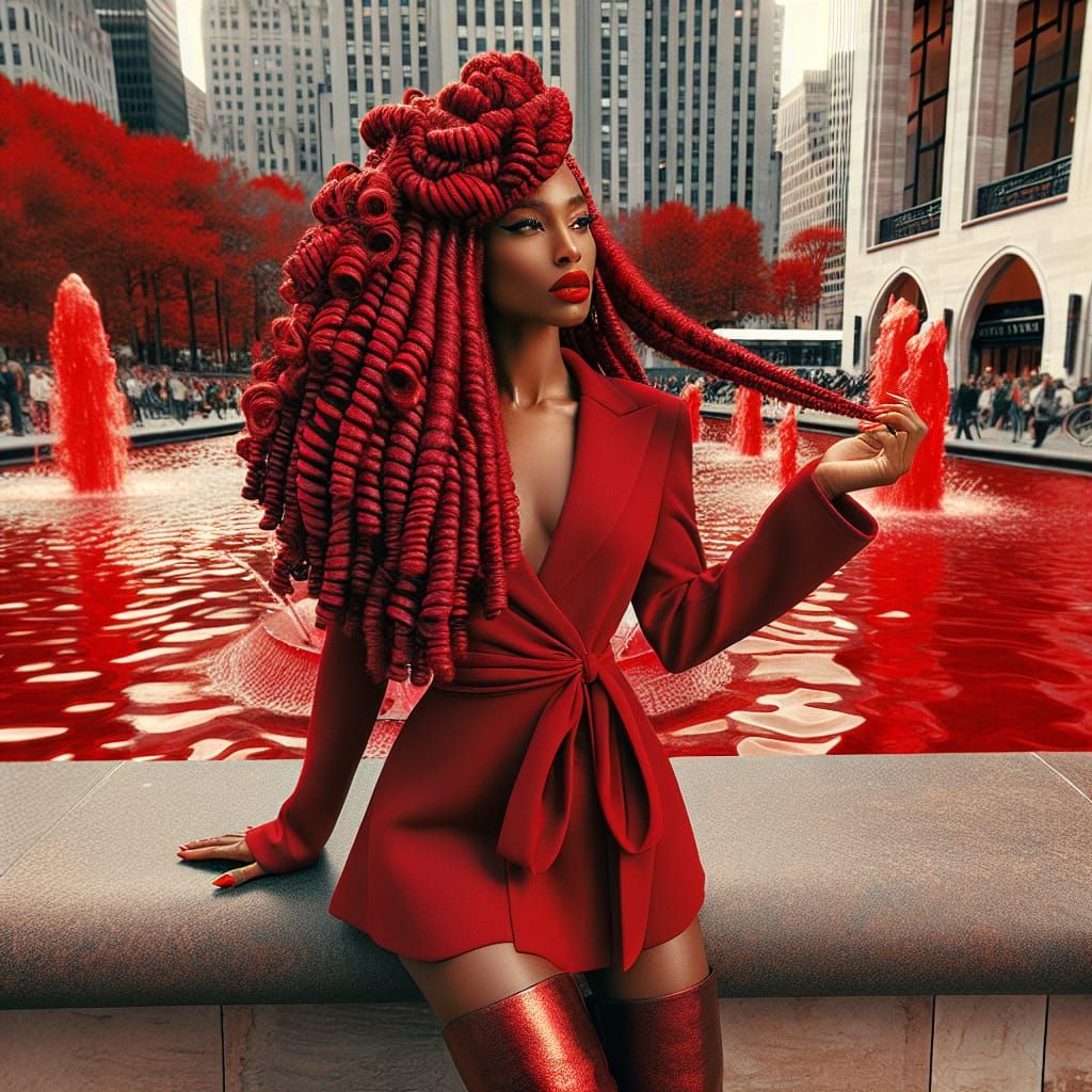 Striking Red-Themed Portrait at Lincoln Center Fountain