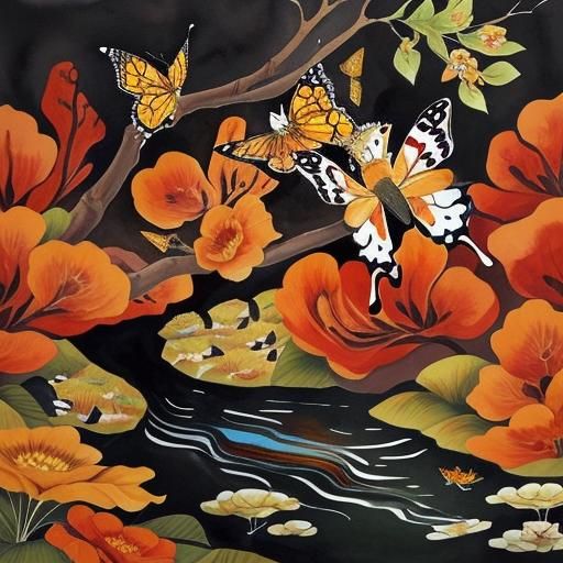 Watercolor Butterflies near Tree in Ink Painting Style