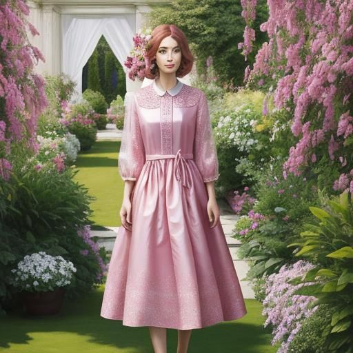 Woman in Pink Silk Dress in Garden