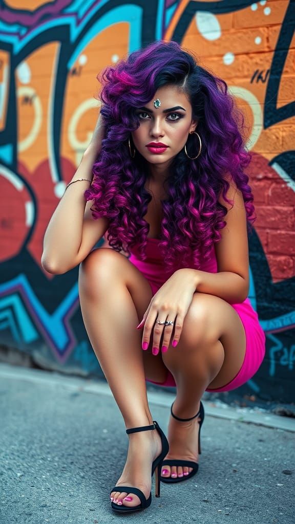 Woman in High Heels Against Graffiti Wall Photograph