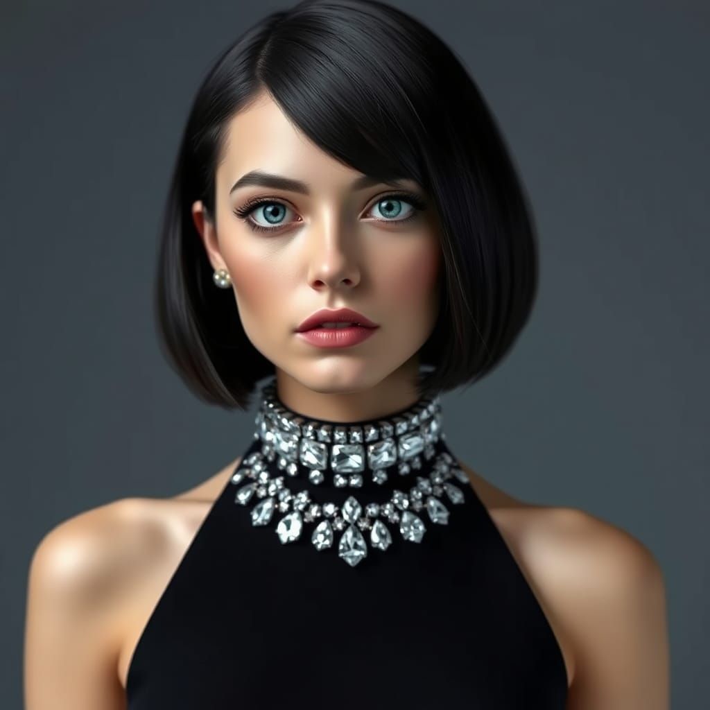 photography a woman blue eyes wearing a black dress and a di...