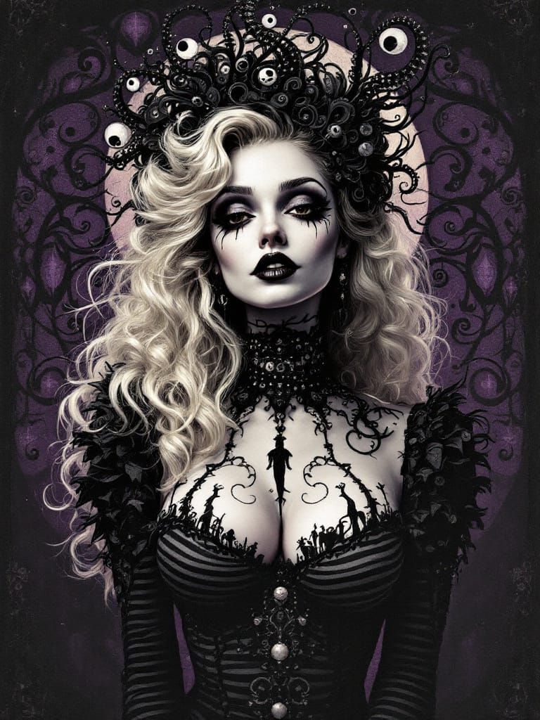 Gothic Carnival Pin-Up Woman in Tim Burton Style