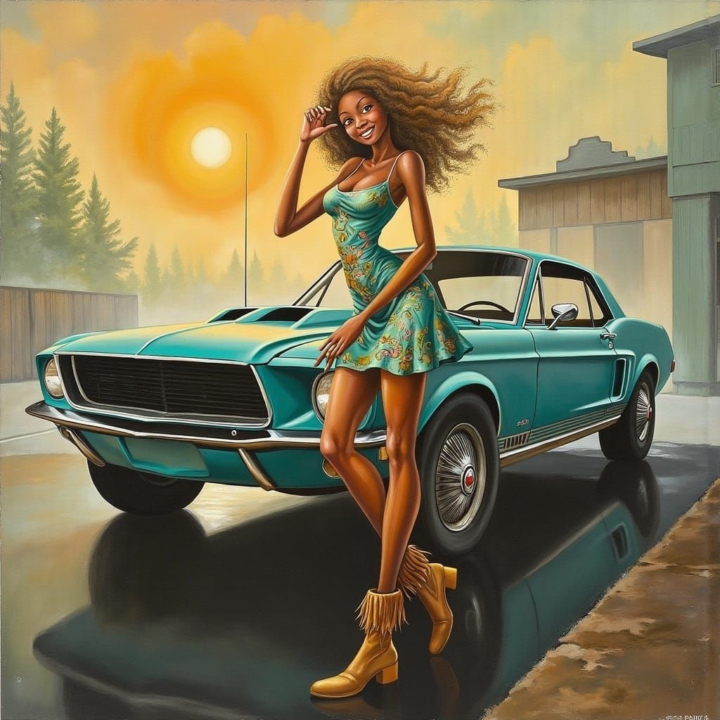 Surrealist Woman at Retro Roadhouse in Painterly Style