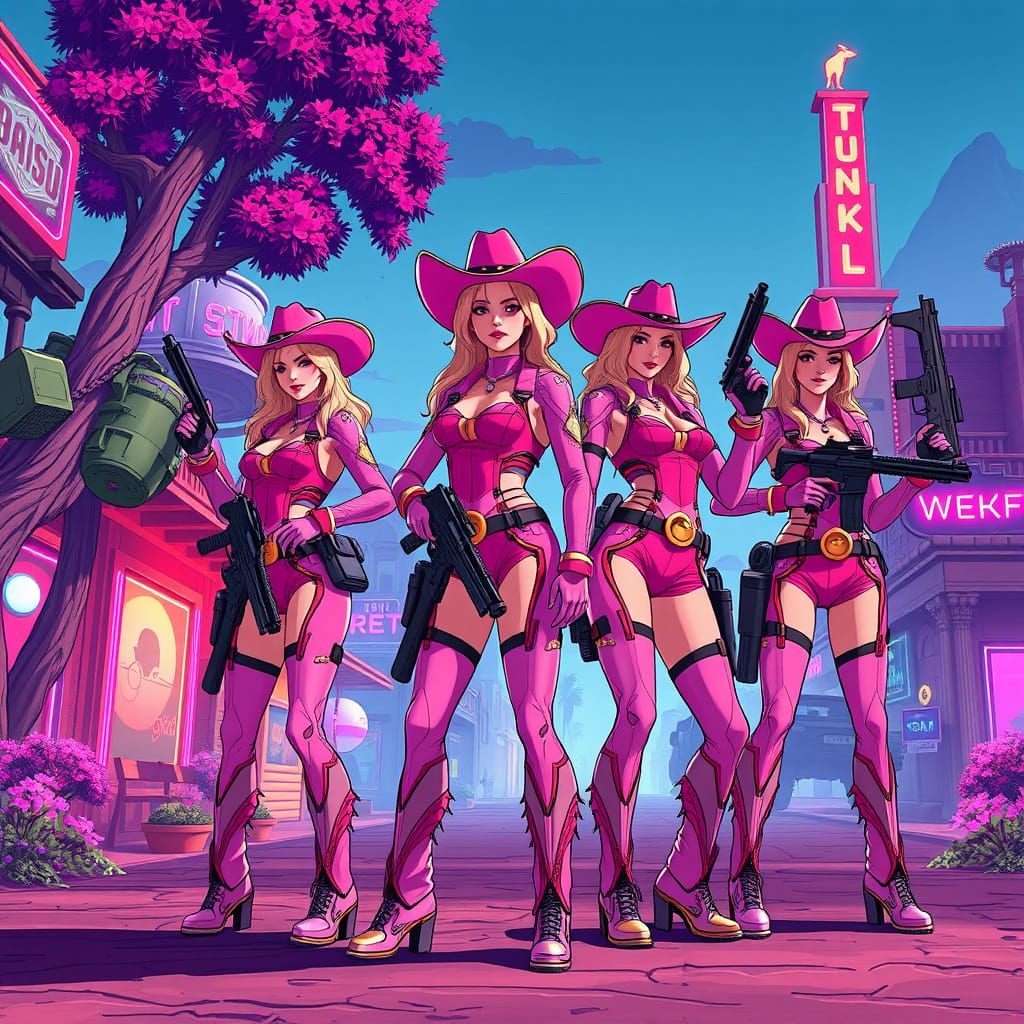 Futuristic Cowgirls in Neon Western Town, GTA Style