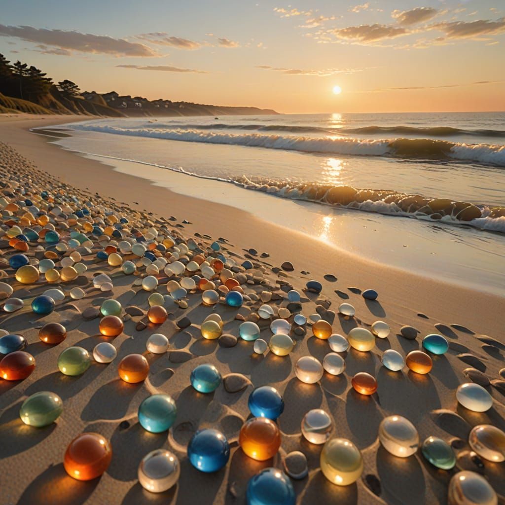 Serene Shoreline at Sunset with Glass Marbles