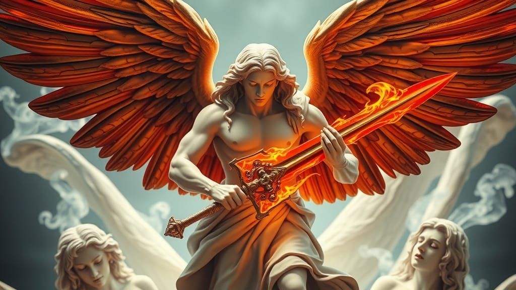 Archangel Michael Overcomes Evil with Flaming Sword