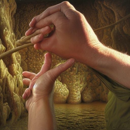 Surreal Labyrinth of Intertwined Fingers, Hyperrealistic Oil...
