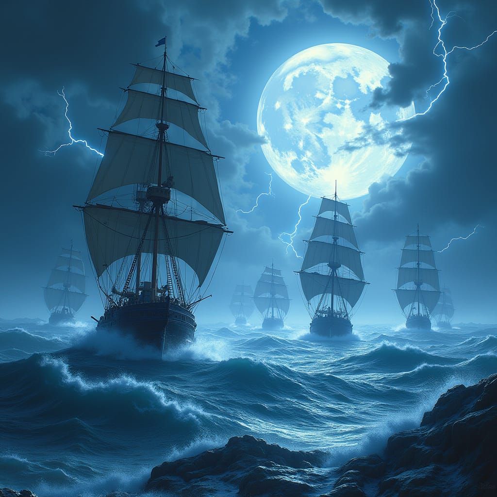Epic Fantasy Fleet Battles Storm Seas Under Cyberpunk Moon