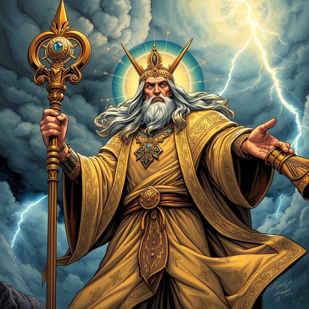 Majestic God Wielding Staff in Comic Book Style