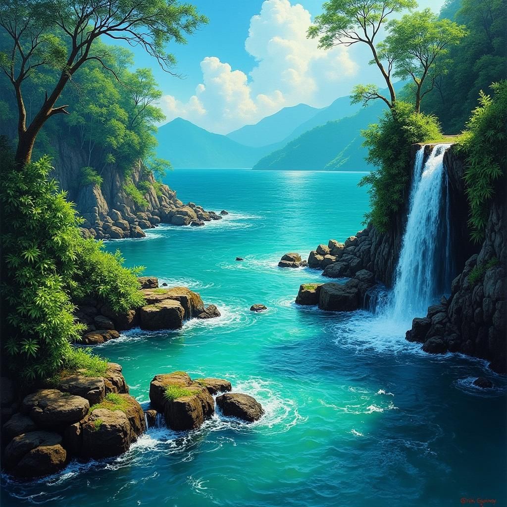 Seascape Meets Jungle Waterfall in Oil Painting Style