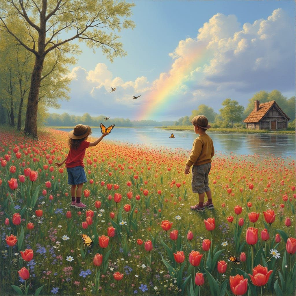 Children Play in Tulip Field: Impressionist Painting