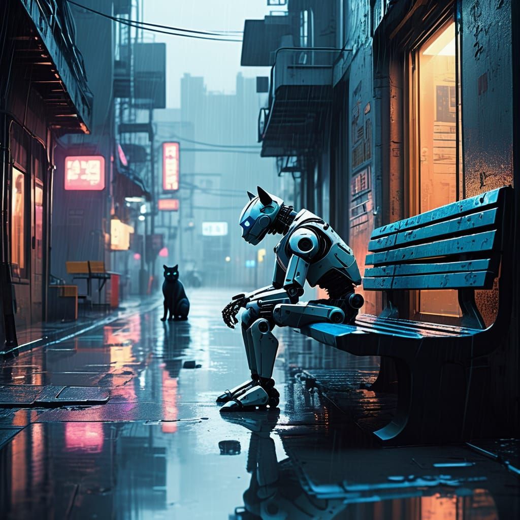 Cyberpunk Robot in Melancholy Reflection