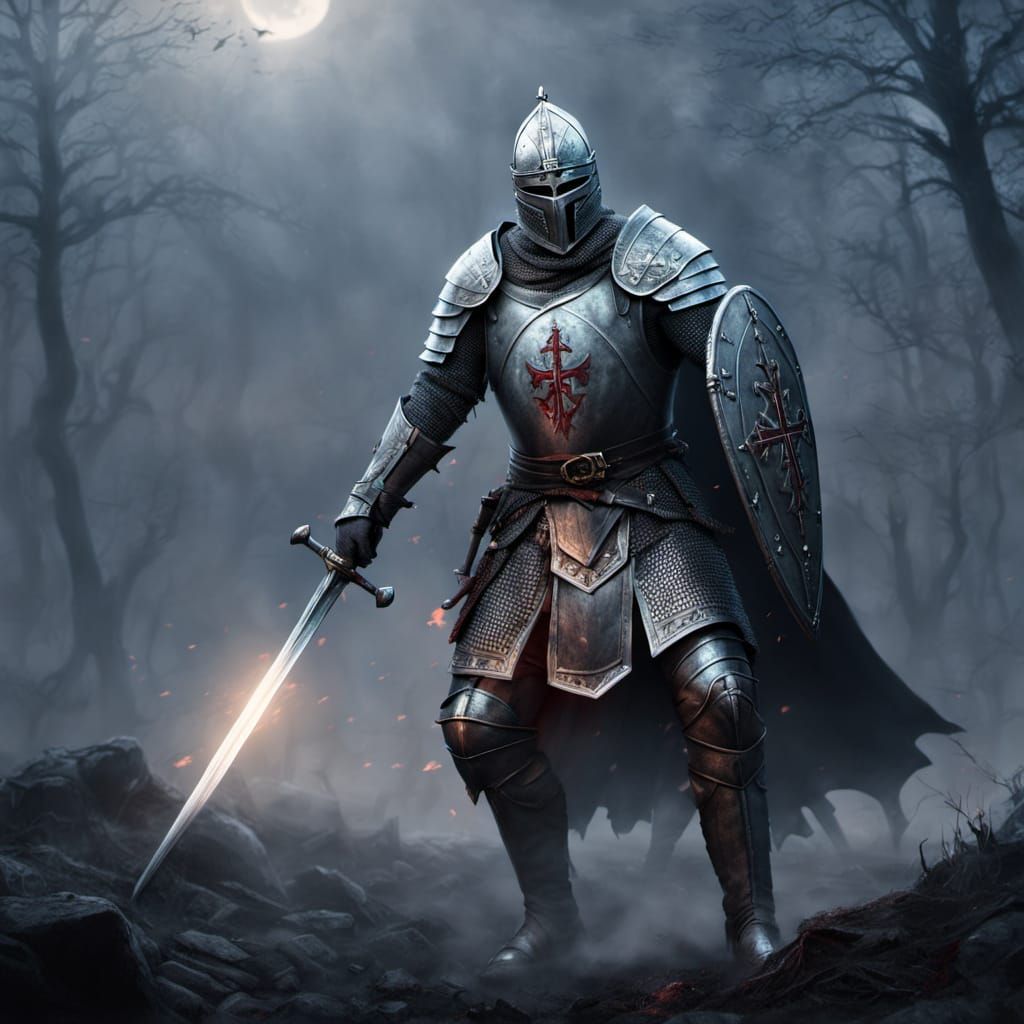Knight Templar in Twilight, Glowing Runes, Fantasy Art