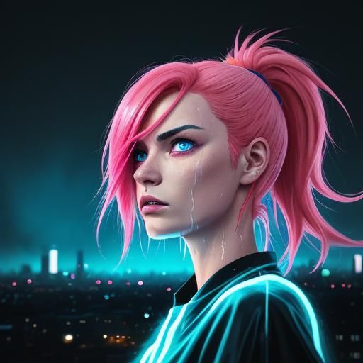 Manga Girl Gazing at Neon Cityscape
