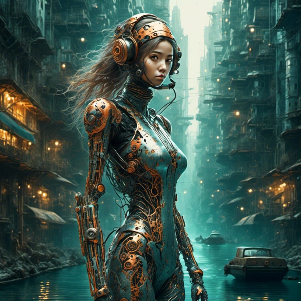 Cyberpunk Girl Dives Through a Living City