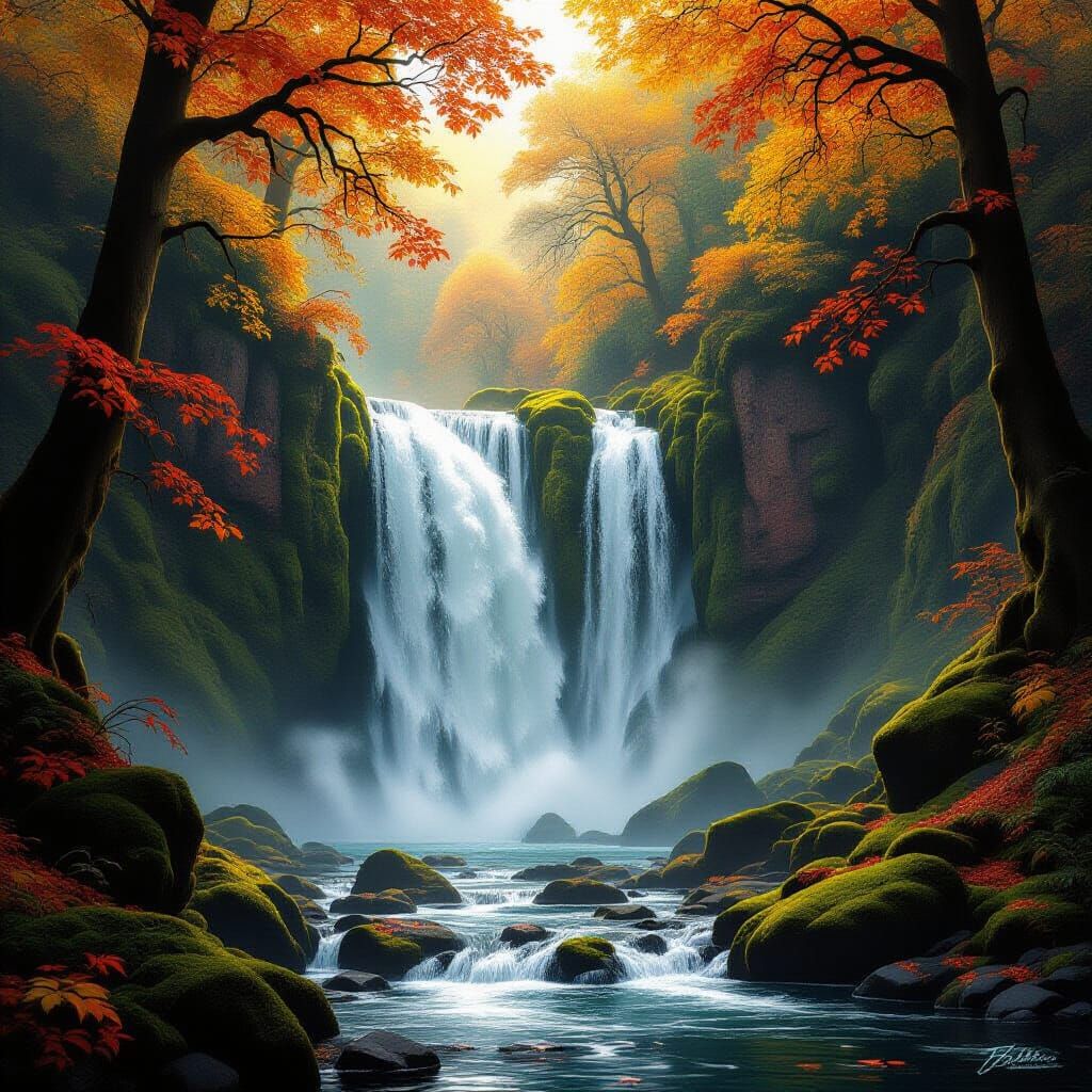 Majestic Waterfall Amidst Autumn Forest Foliage