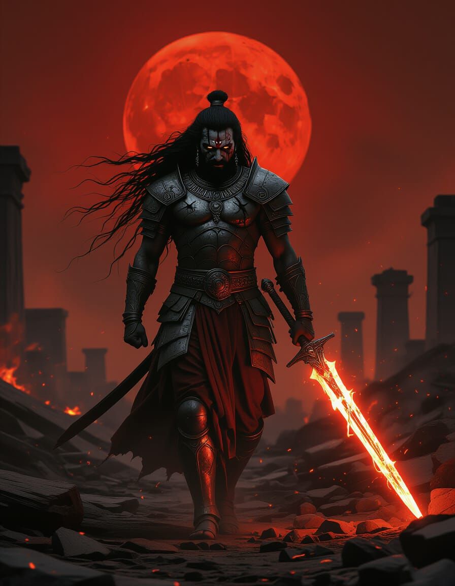 Warrior in Ruins Under Blood-Red Moon