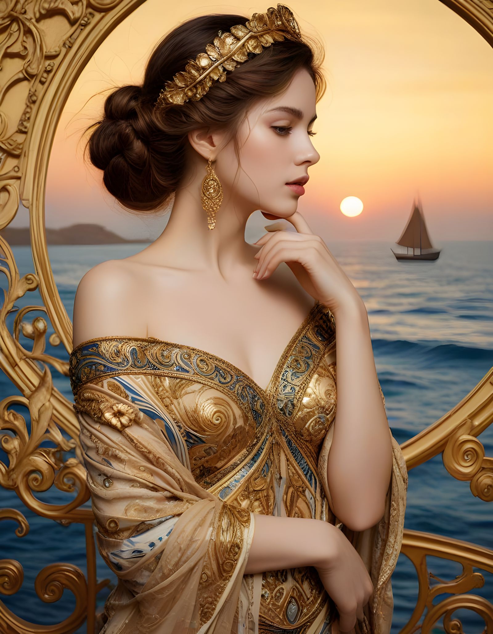 Gustav Klimt-Inspired Woman in Opulent Textiles and Majestic...