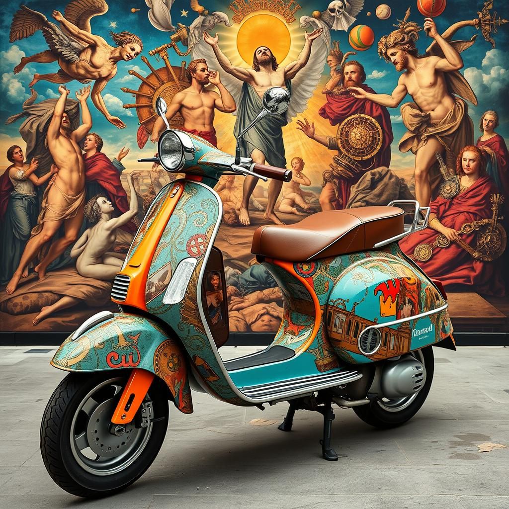Vintage Scooter wrapped in "the creation" artwork