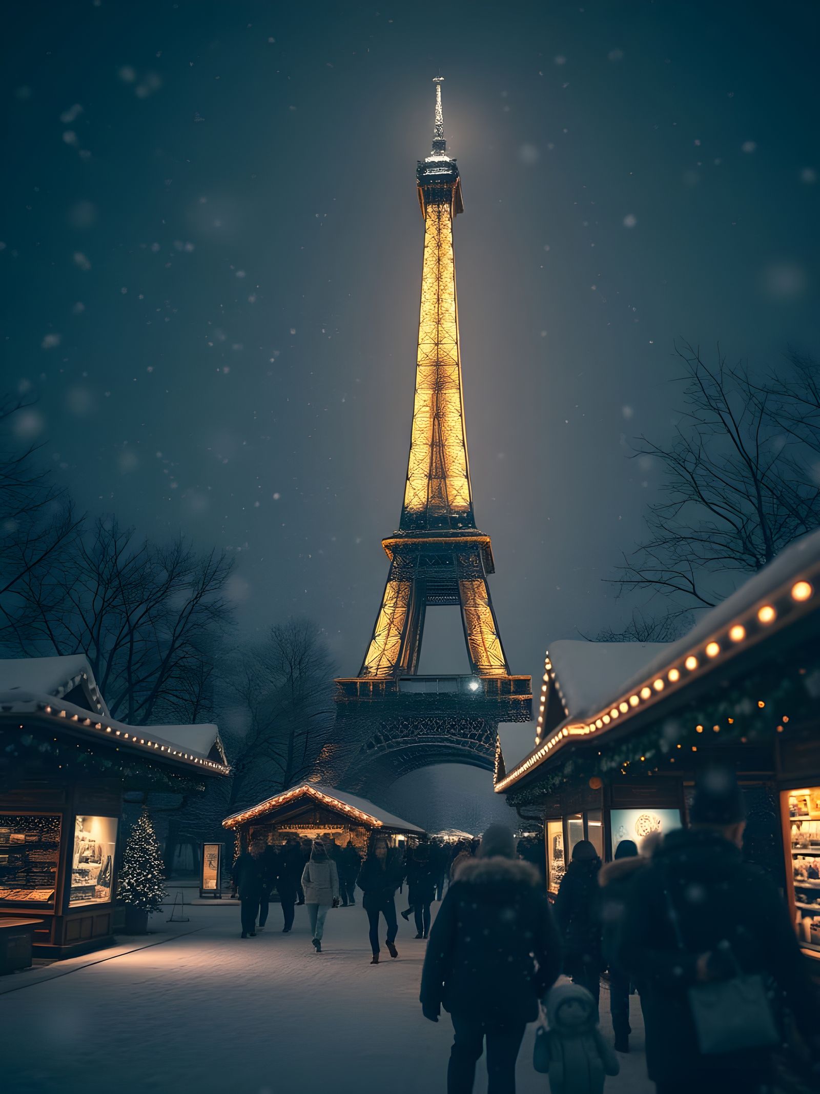 Eiffel Tower in Winter Snowstorm at Night