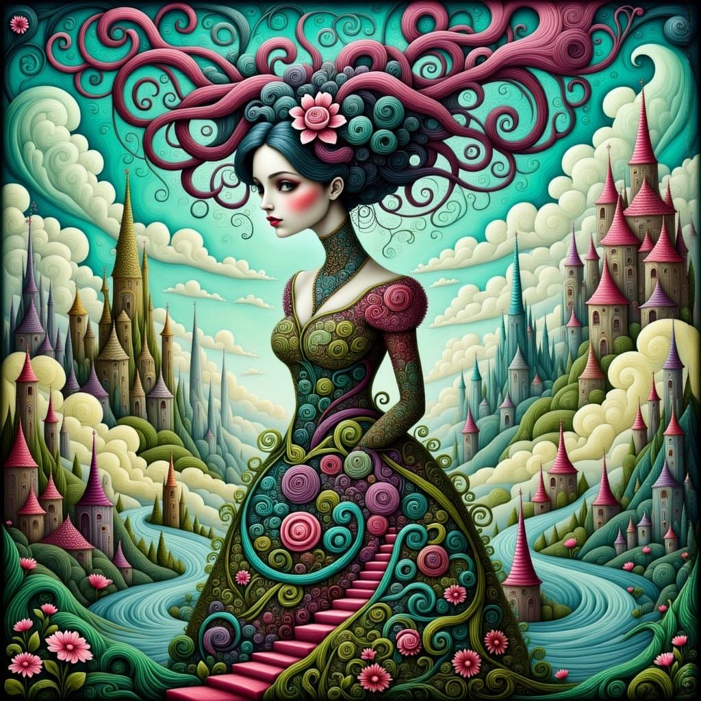 Dreamer in Baroque Cubist Style with Swirling Clouds