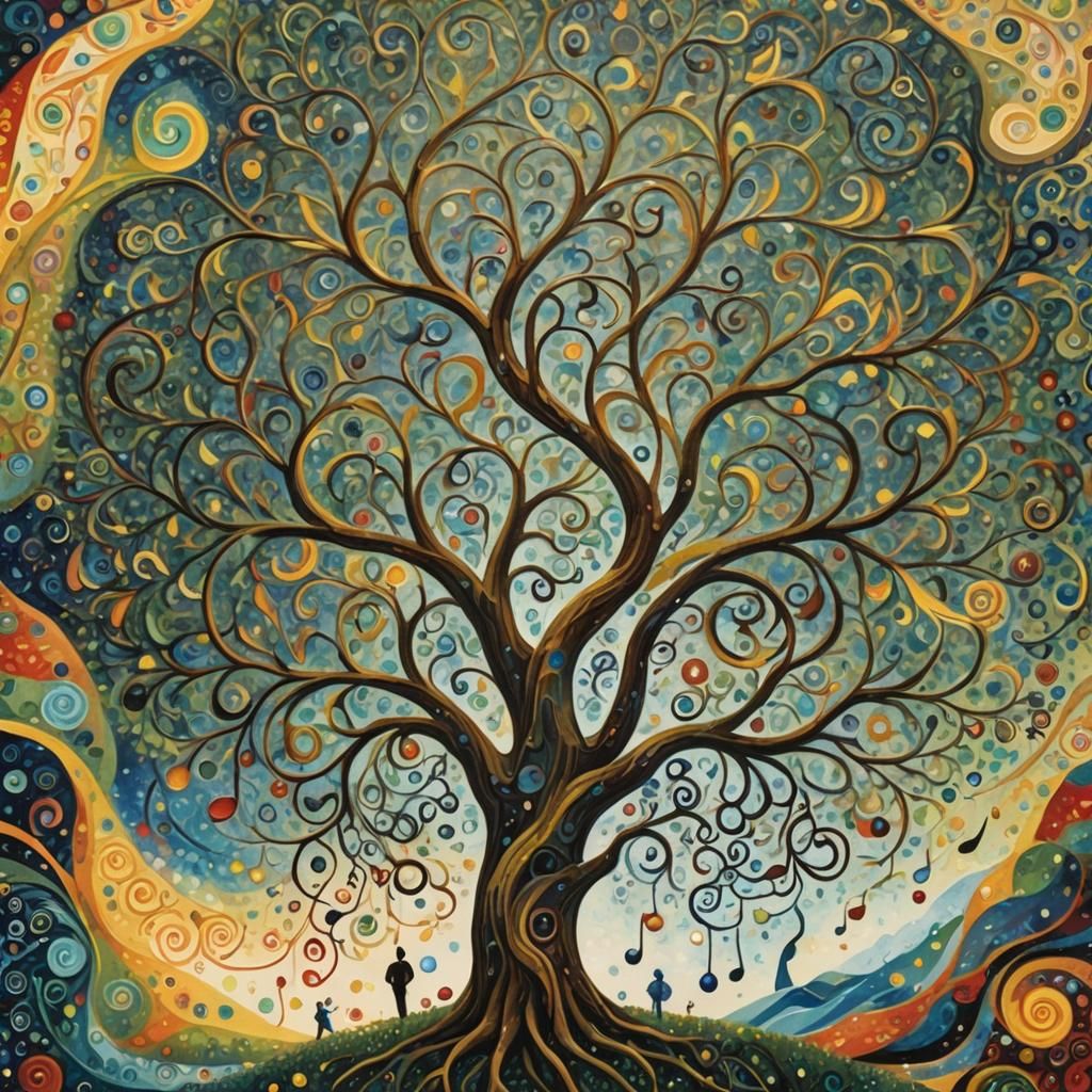 Surreal Tree of Life in Pointillist Dreamscape