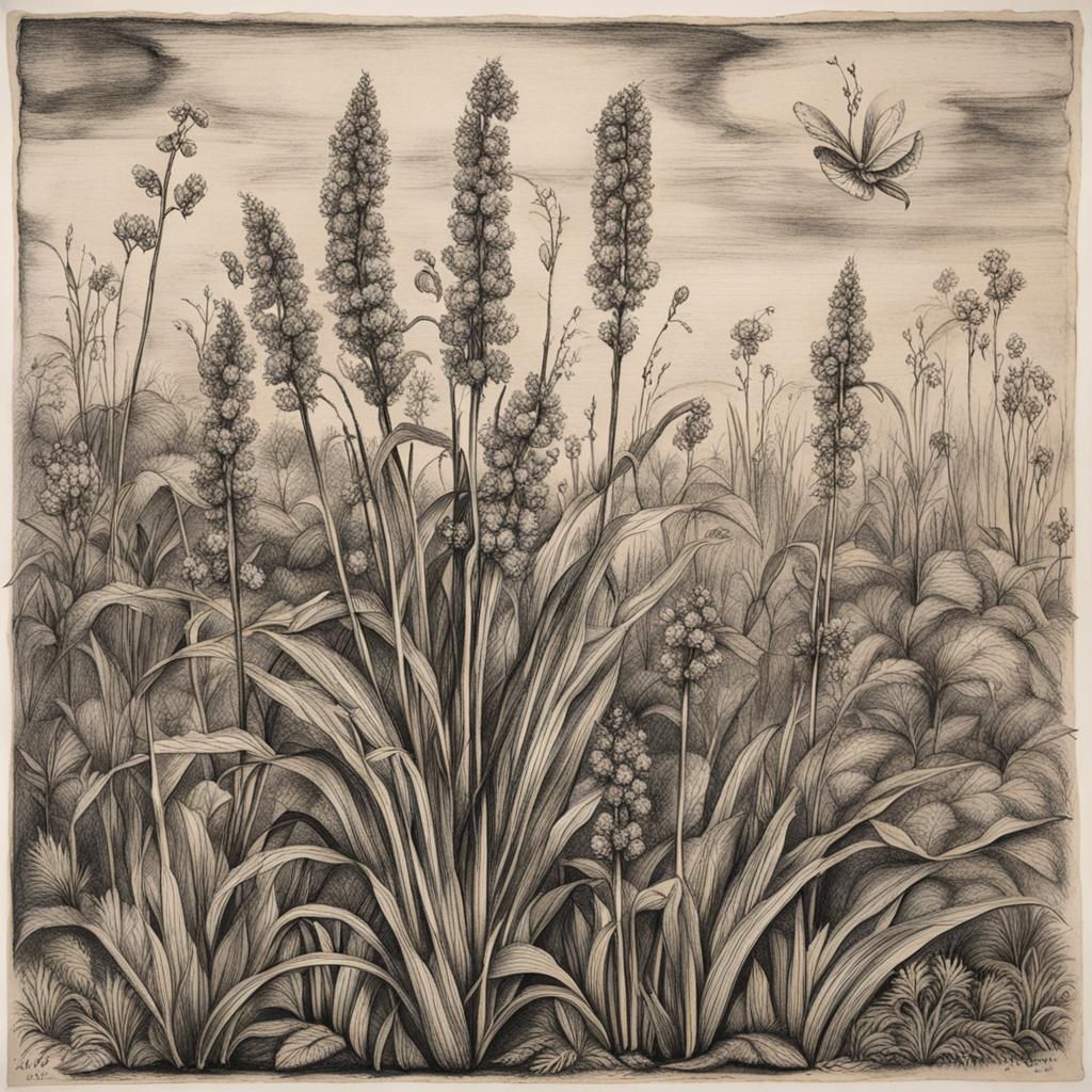 Plantain Grass with Botanical Ink Drawing