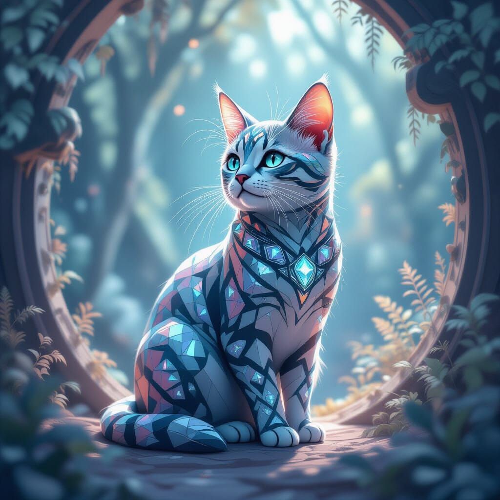 Geometric Crystal Cat in Dreamy Surreal Landscape