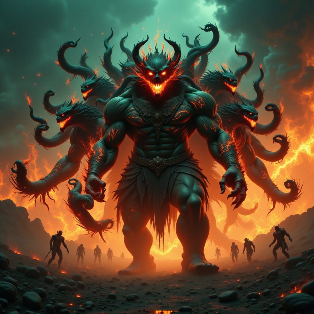 Multi-Headed Super Villain Conjuring Energy on Alien Planet