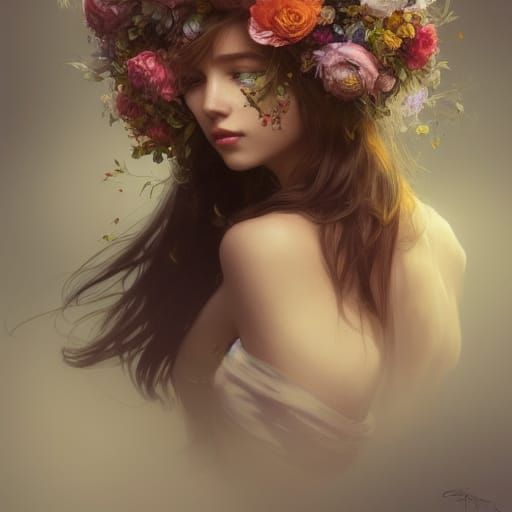 Floral Girl Portrait in Art Nouveau Style