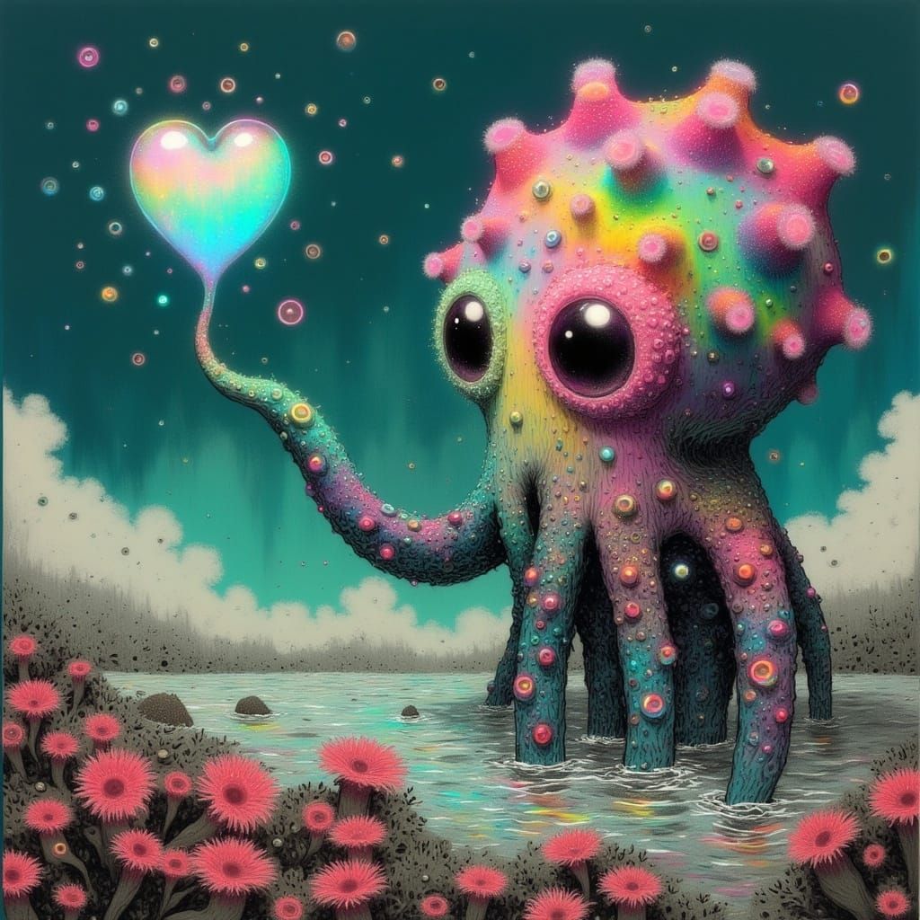 Whimsical Cartoon Octopus with Rainbow Fur and Curious Eyes...