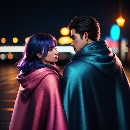 Neon Cityscape: Couple Under Blanket, Cinematic Close-Up