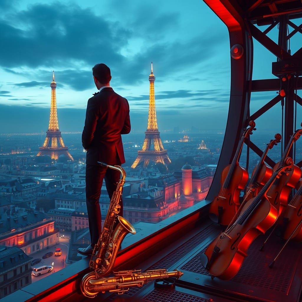 Parisian Musician in Neon Futurist Style