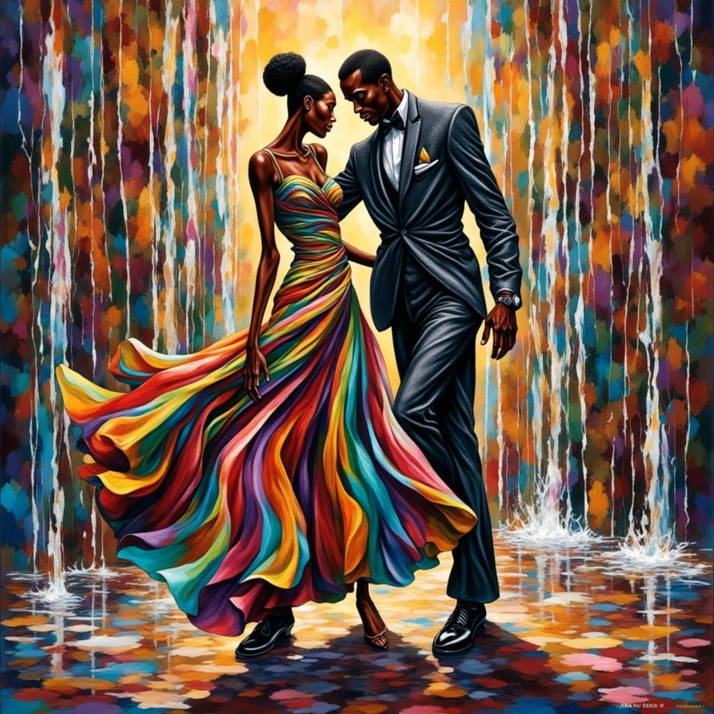 Dancing Couple Beneath Waterfall: Impasto Oil Painting