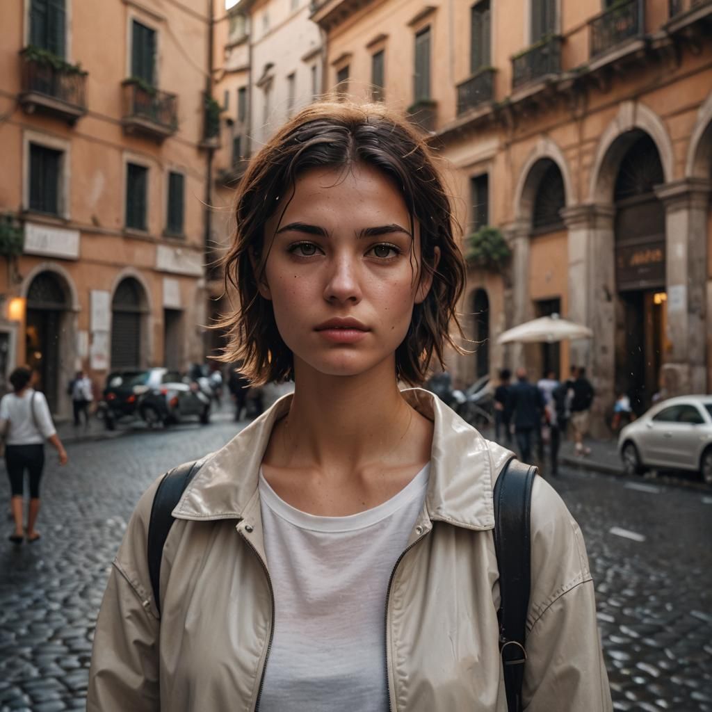 22 years old brunette girl, with wet mid-short loose hair,