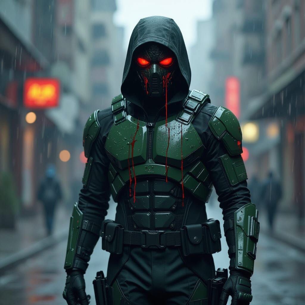 Mesh Masked Antihero in a Blood Rain, Cyberpunk Style