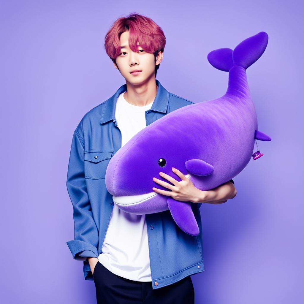 Jin of BTS with Purple Whale Plushie in Anime Style