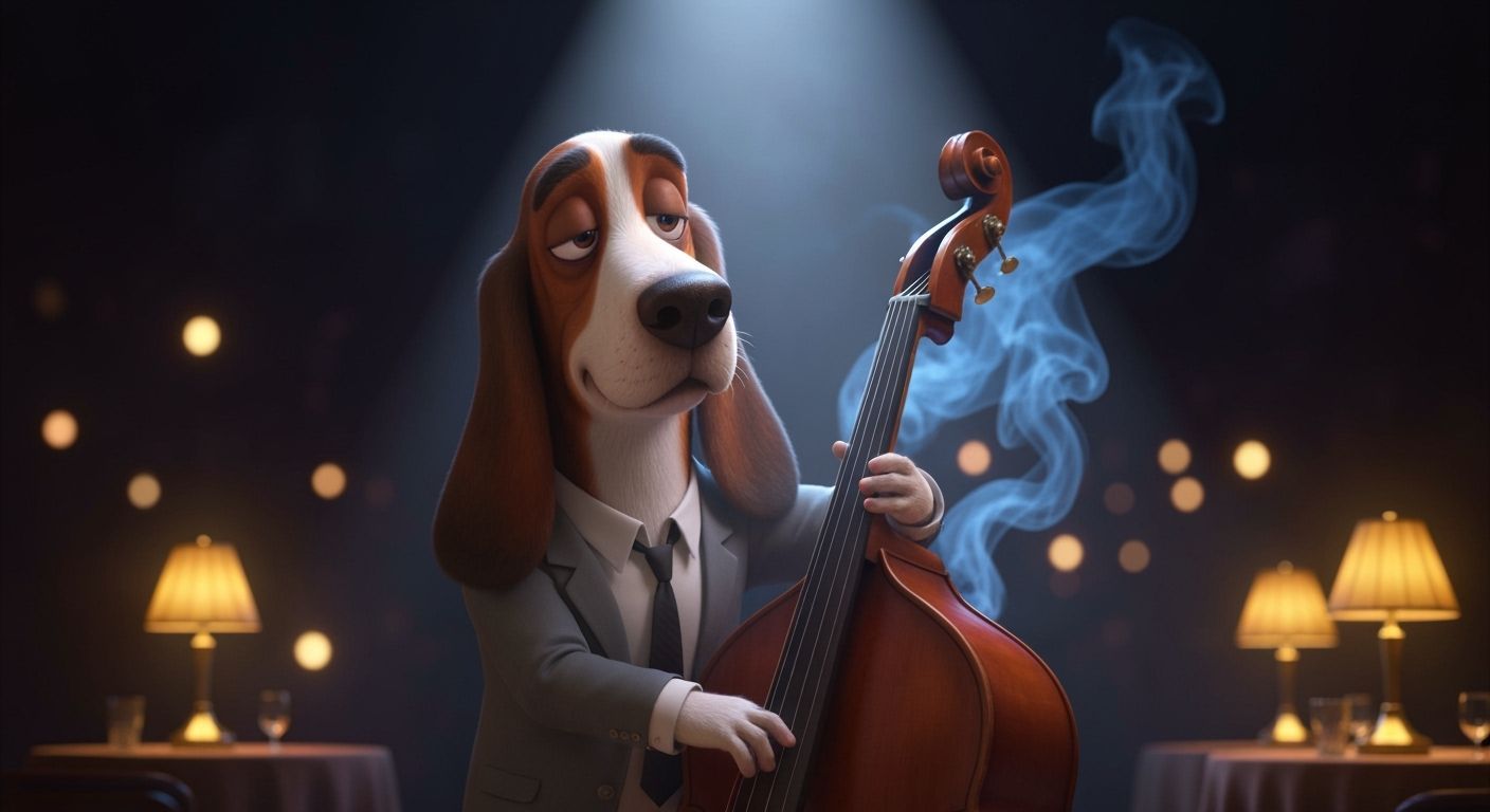 Basset Hound Plays Jazz in Smoky 1950s Club