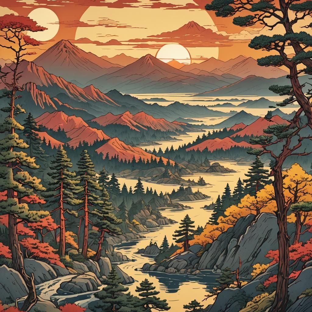 Ukiyo-e Landscape with Red Mountains and Golden Sun