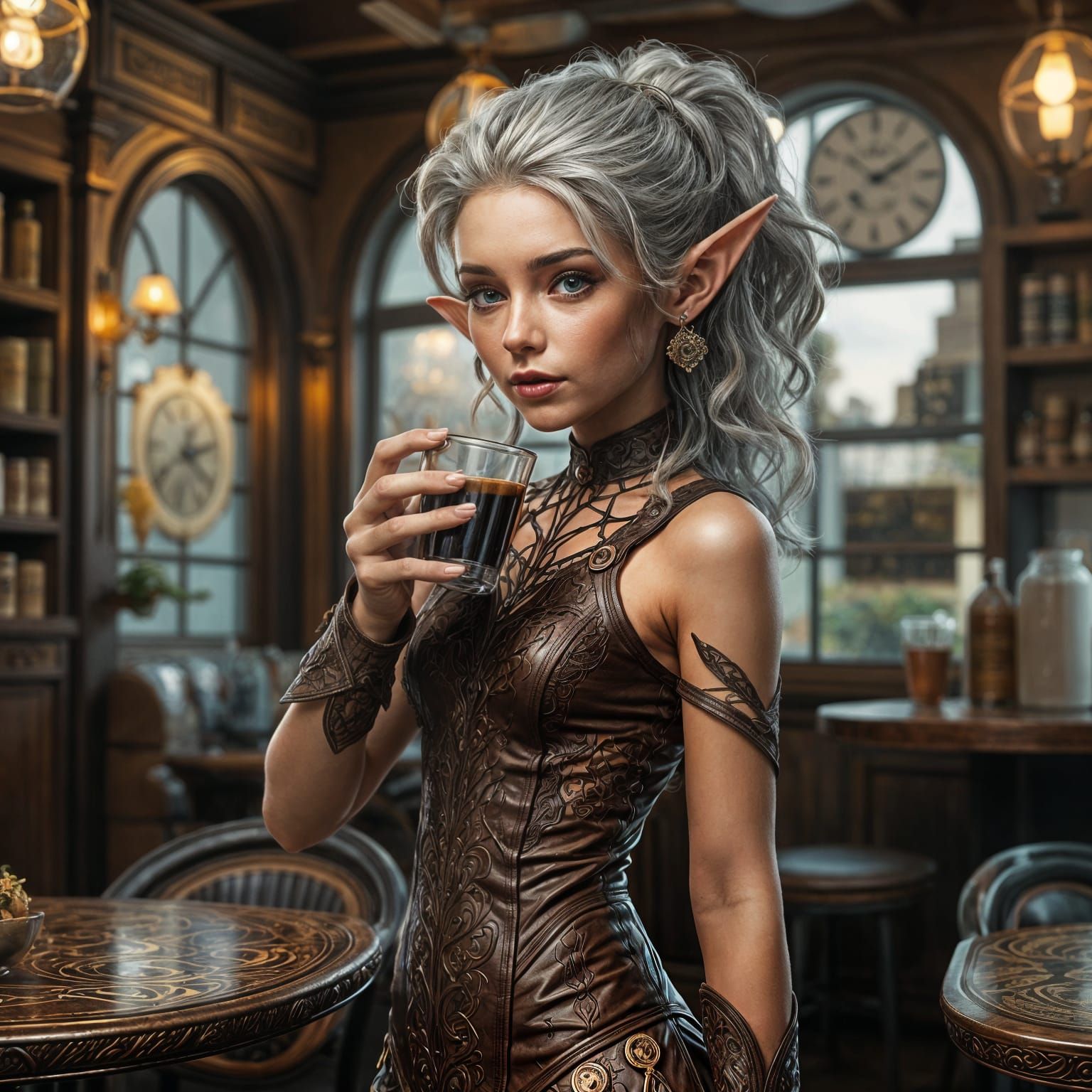 Hyperrealistic Elf Drinking Espresso in Detailed Setting