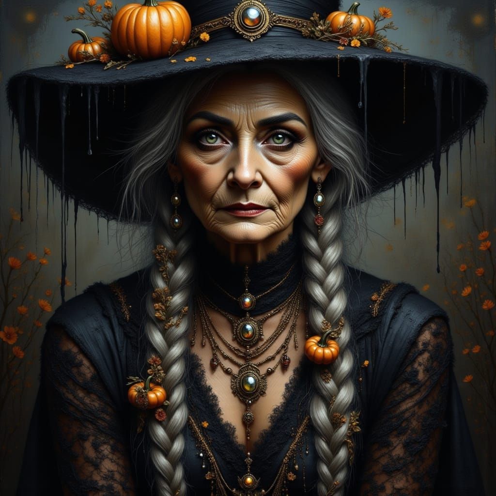 Elderly Witch in Lace Gown and Pointy Hat
